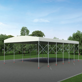 Retractable mobile shelter with white roof on a steel frame with casters and open sides, computer rendering in a park setting