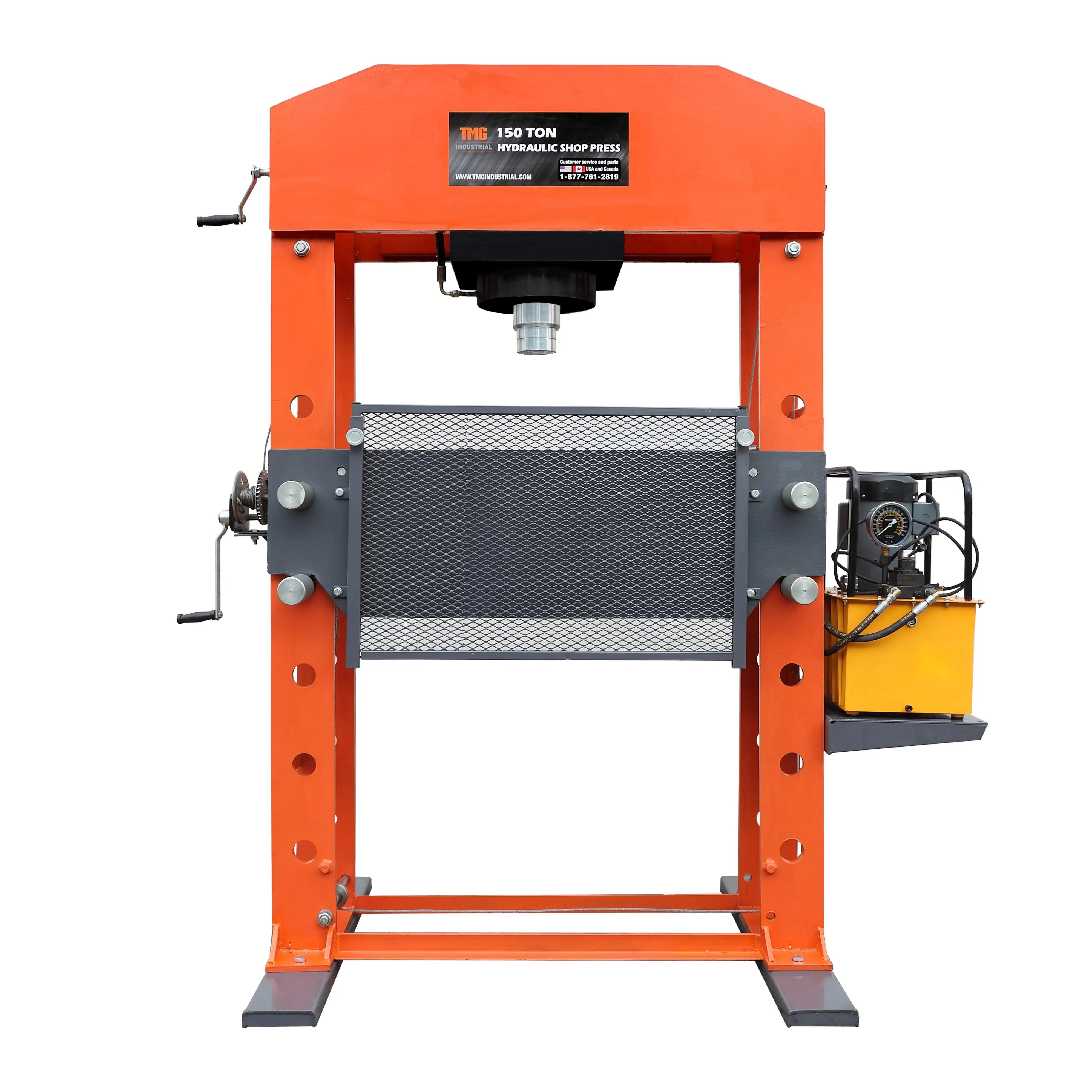 150 Ton Capacity Hydraulic Shop Press, Heavy Duty Pressing, Protective Grid Guard, Fully Welded H-Frame, TMG-SP150