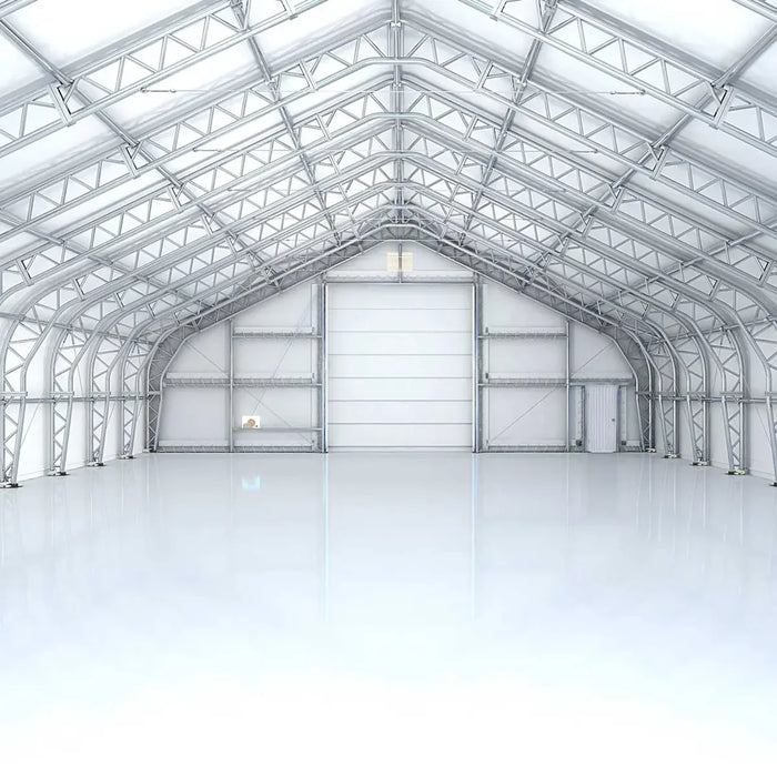 Bright interior showing truss grid and doors, Snow Series™ 40' x 60' Dual Truss Storage Shelter