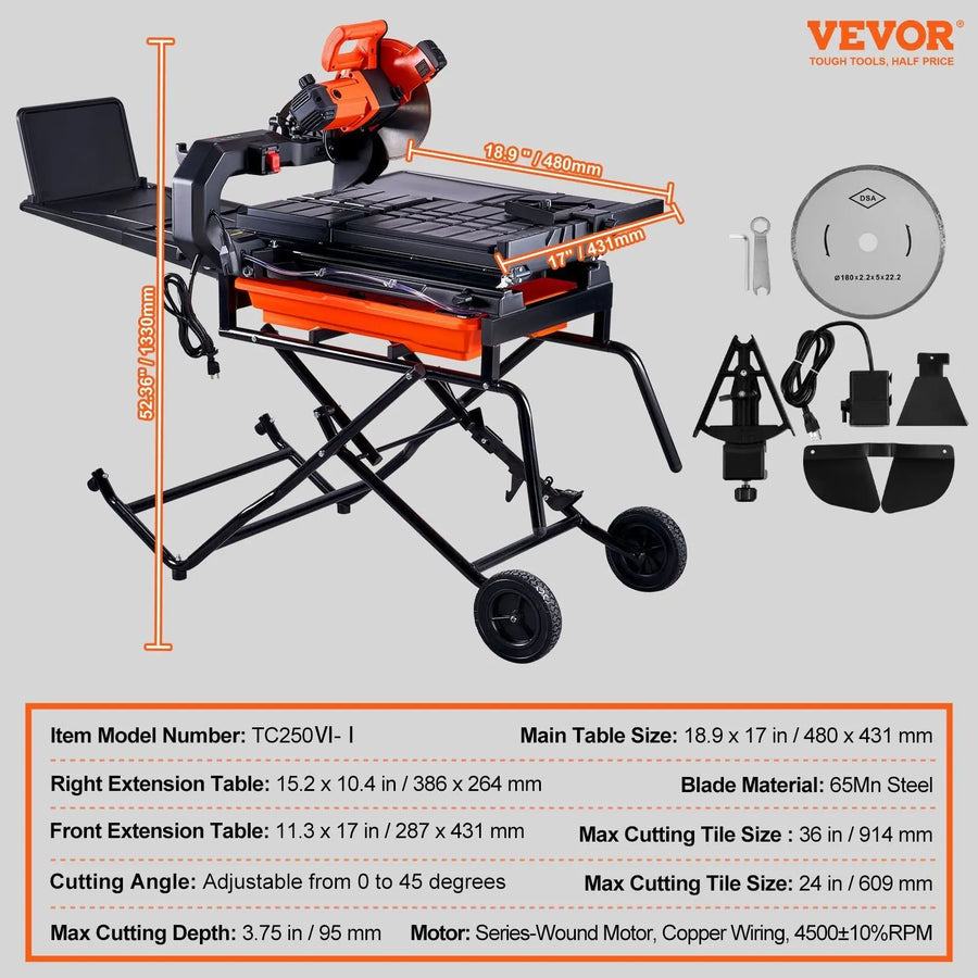10" Wet Tile Cutter, 4500 RPM Motor, Adjustable Stand Included, Precision Cutting Performance, DOBA-WTC10-specifications-image