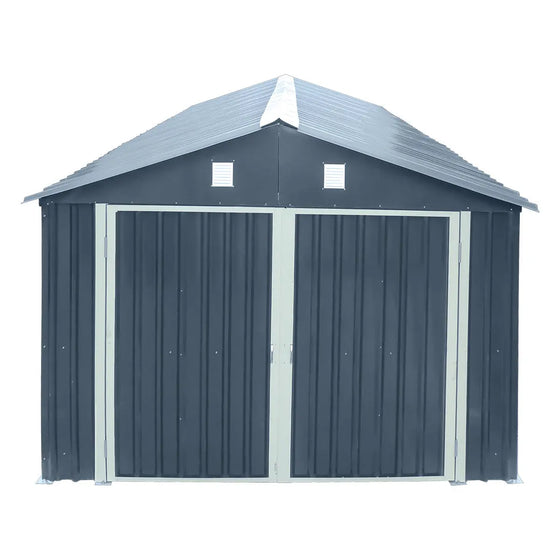 10' x 20' metal garage shed with double front doors, side entry door, charcoal grey finish, and 200 sq-ft of floor space – packed in wooden crate for shipping.