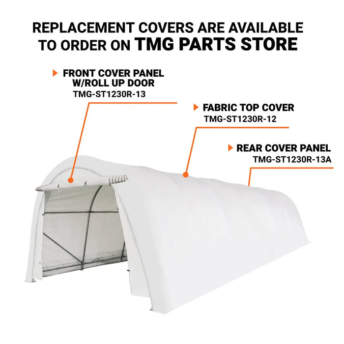 TMG Industrial 12’ x 30’ Car Shelter w/Rounded Roof & Heavy-Duty 11 OZ PE Fabric Cover, Galvanized Steel Frame, Fabric front roll-up door, TMG-ST1230R