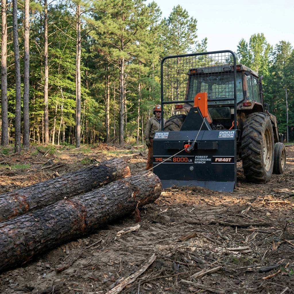 8000-lb 3-Point Hitch Forest Skidding Winch, 30-50 HP Tractor, Category 1 Hookup, 200' Steel Cable, Tow-Behind, TMG-FW40T