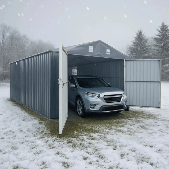 13' x 20' metal garage shed with 10' double front doors, side entry door, 8'6" peak height, reinforced steel frame, and charcoal grey finish – TMG-MS1320B.