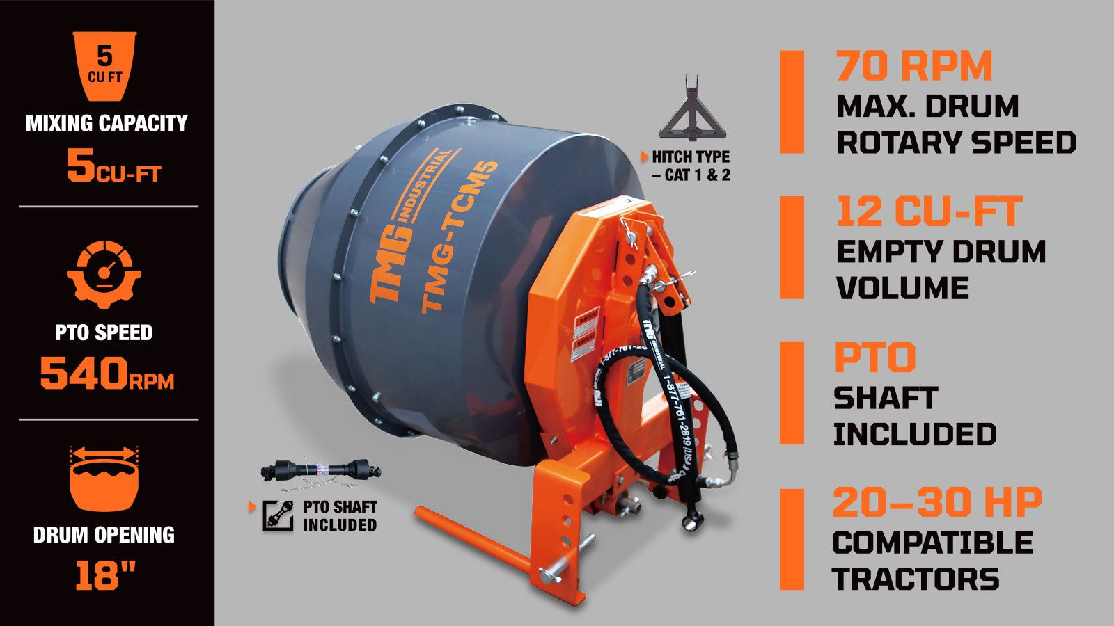5 Cu-Ft 3-Point Hitch Cement Mixer, PTO Shaft Included, Category 1 & 2 Hookup TMG-TCM5-specifications-image