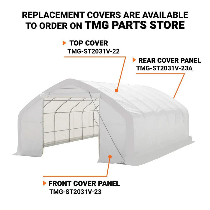 TMG Industrial 20' x 30' Straight Wall Peak Ceiling Storage Shelter with Heavy Duty 17 oz PVC Cover & Drive Through Door, TMG-ST2031V (Previously ST2030V)
