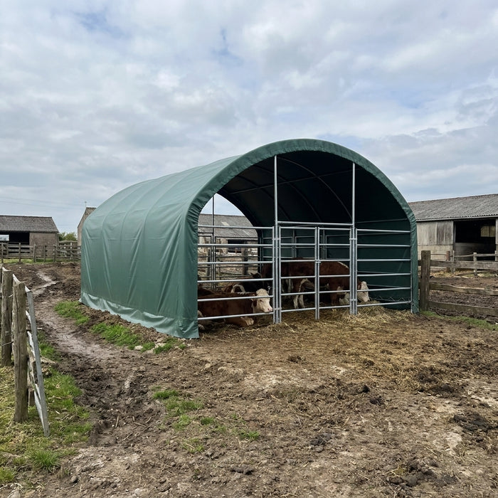 TMG Heavy Series™ 20' x 20' Livestock Corral Shelter, 12' Dome Roof, 17 oz Military Green PVC Covering, 6-Bar Corral Panels, 5' Front Swing Gate, TMG-ST2022L