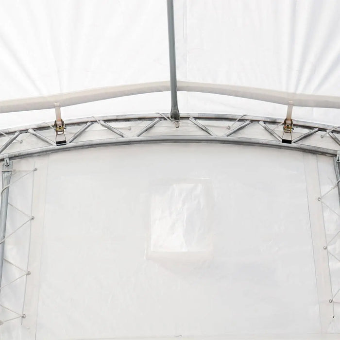 TMG Industrial 30' x 40' Dual Truss Container Shelter with Heavy Duty 17 oz PVC Cover, Enclosed End Wall & Front Drop, TMG-DT3040CF