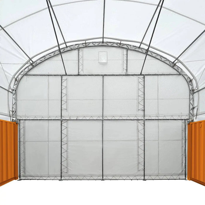 TMG Industrial 30' x 40' Dual Truss Container Shelter with Heavy Duty 17 oz PVC Cover, Enclosed End Wall & Front Drop, TMG-DT3040CF