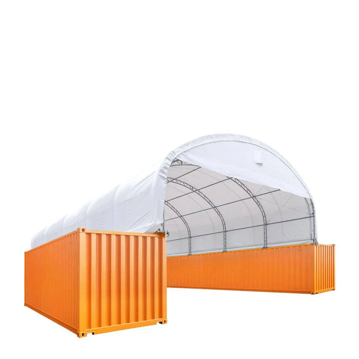 TMG Industrial 30' x 40' Dual Truss Container Shelter with Heavy Duty 17 oz PVC Cover, Enclosed End Wall & Front Drop, TMG-DT3040CF