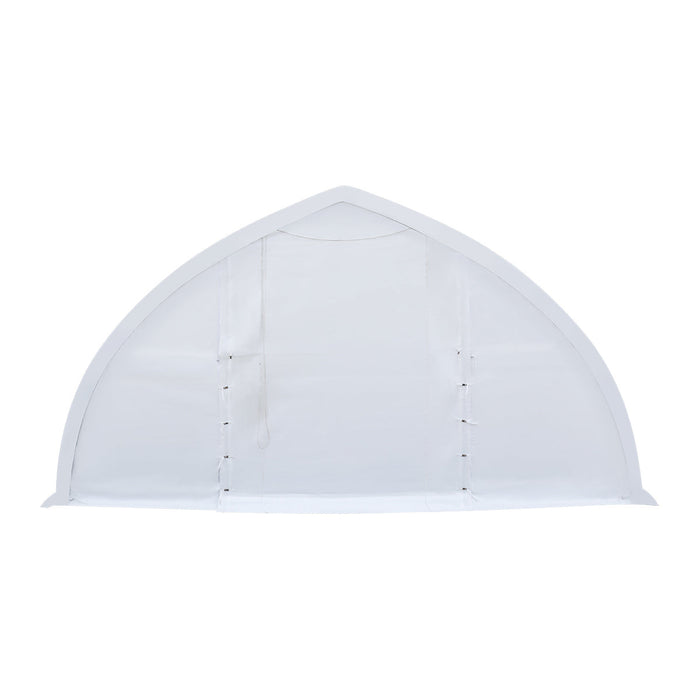 TMG-ST3042E 30x42 peak ceiling storage shelter with 11 oz PE cover, galvanized steel frame, roll-up doors, and 1200 sq ft covered space for equipment storage