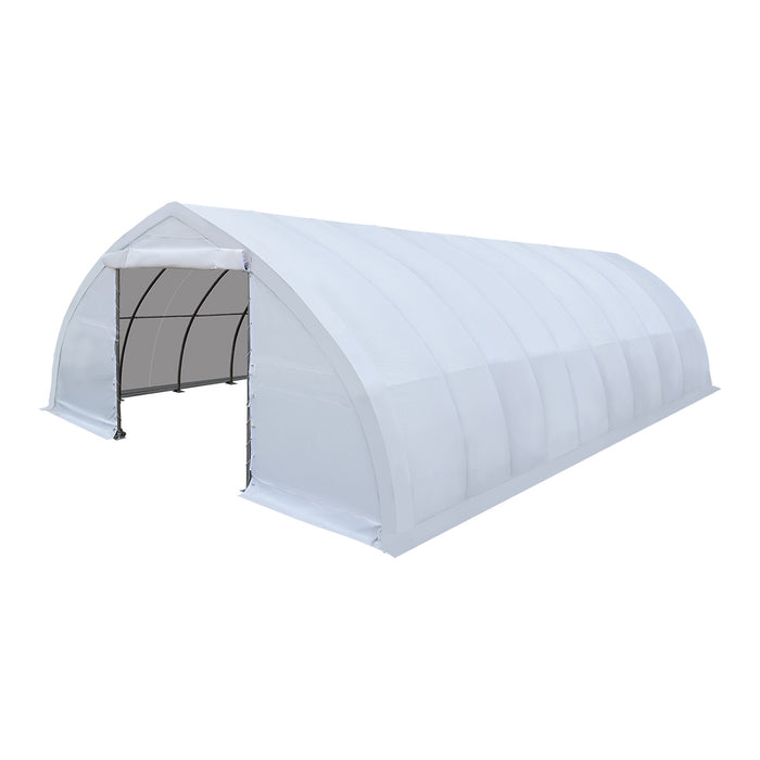 TMG-ST3042V 30' x 40' Peak Ceiling Storage Shelter with heavy-duty 17 oz PVC cover and drive-through roll-up doors
