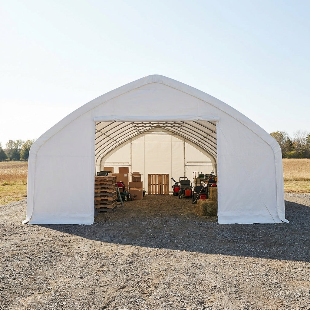 30' x 50' straight wall peak ceiling storage shelter with 17 oz PVC cover, TMG-ST3052V
