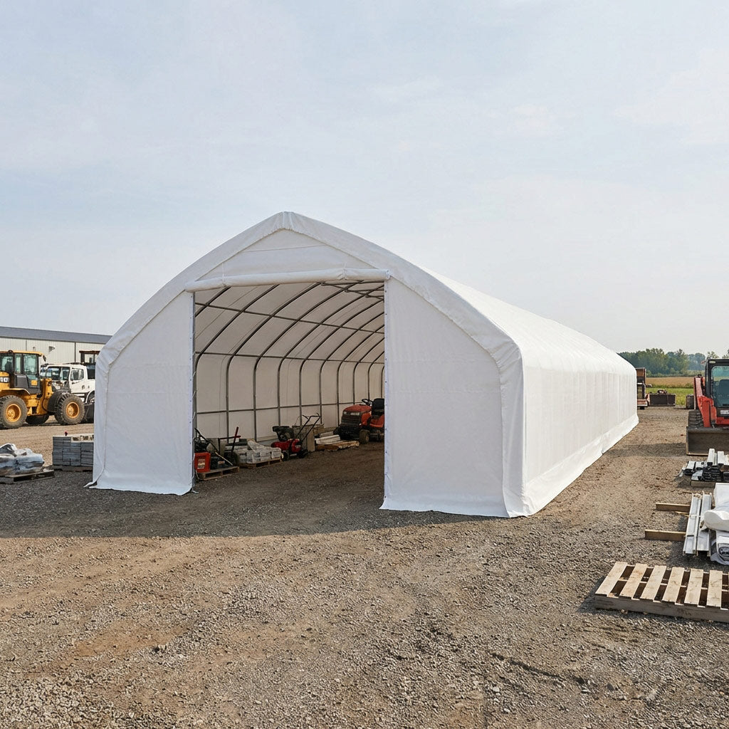 TMG-ST3072V 30' x 70' straight wall peak ceiling storage shelter with heavy duty 13 oz PVC cover