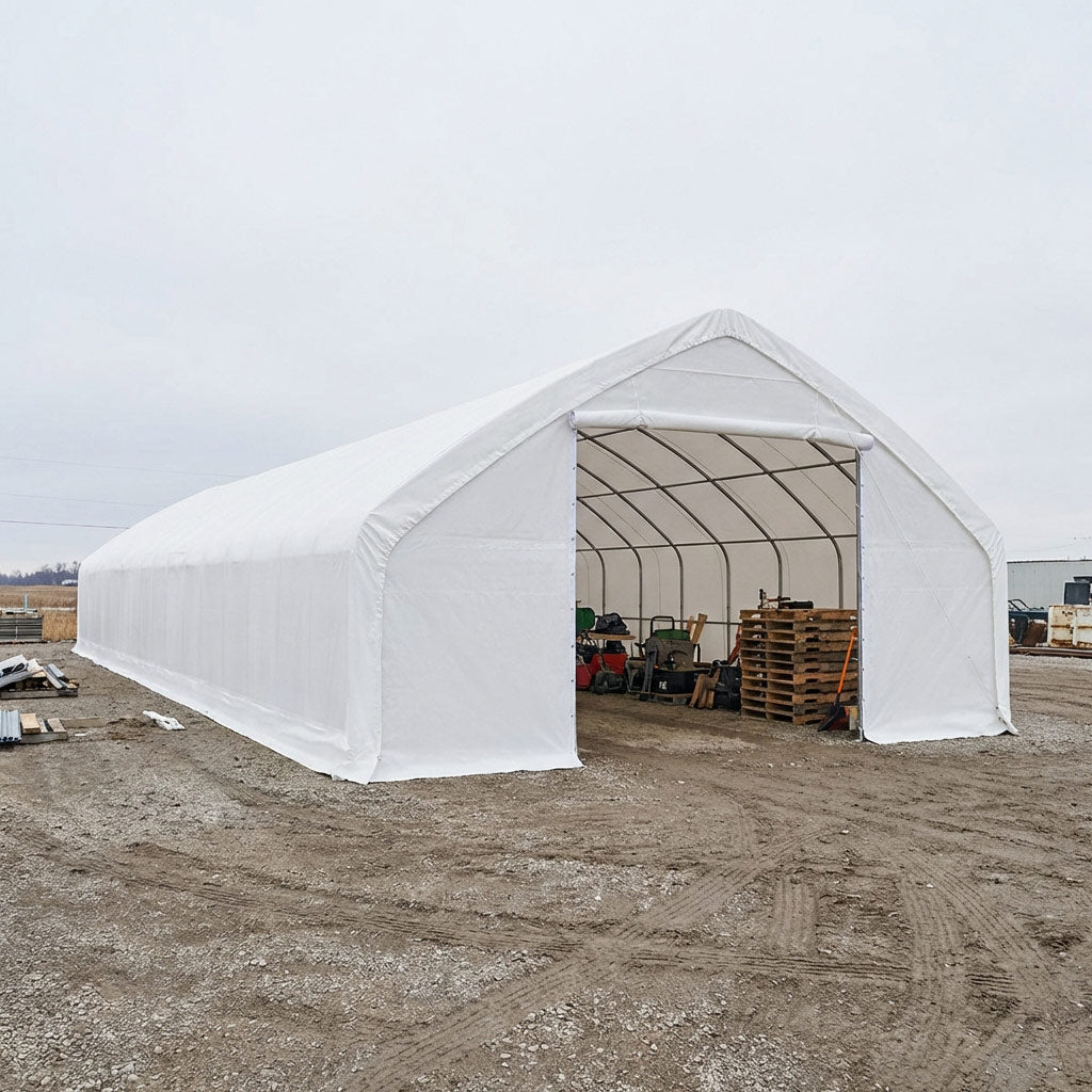 TMG-ST3072V 30' x 70' straight wall peak ceiling storage shelter with heavy duty 13 oz PVC cover