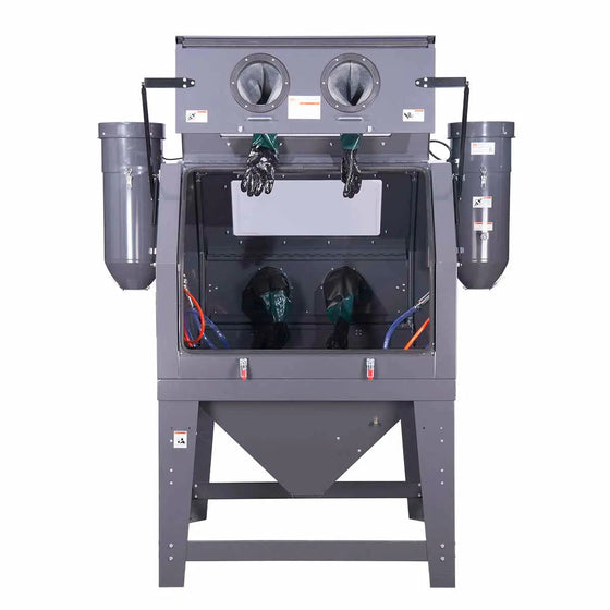320-gallon dual station cabinet sandblaster with ETL certified vacuum system, foot pedal control, large viewing windows, and heavy-duty blasting capacity – TMG-ABC120