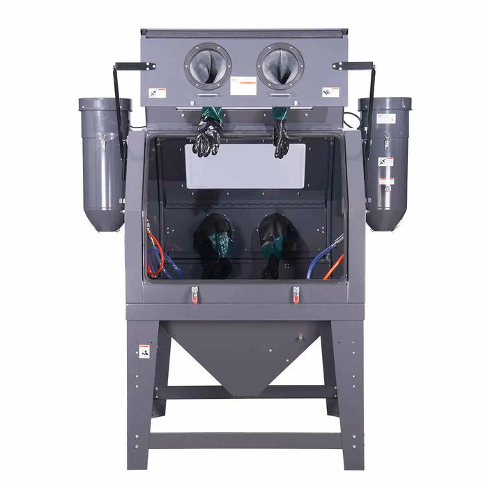 320-gallon dual station cabinet sandblaster with ETL certified vacuum system, foot pedal control, large viewing windows, and heavy-duty blasting capacity – TMG-ABC120