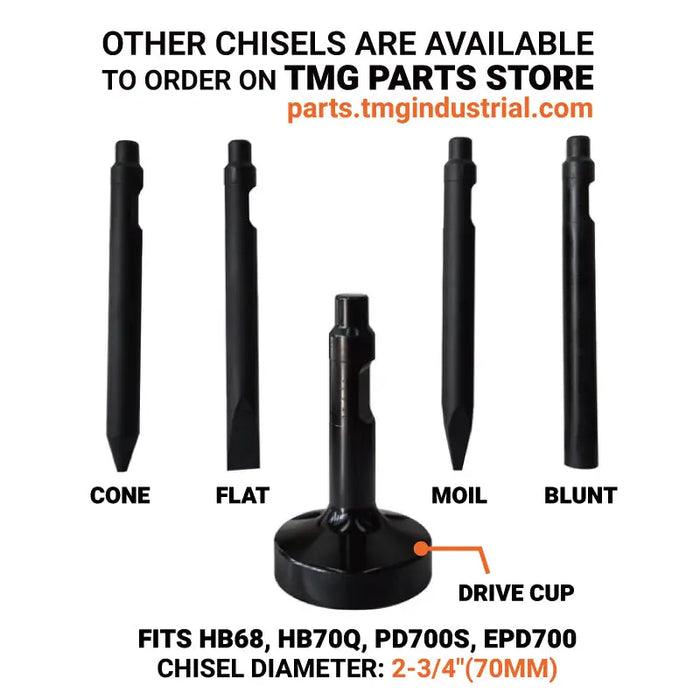 TMG Industrial 4-7 Ton Excavator/Backhoe Hydraulic Breaker, Quick Change (Q/C) Lugging, 2-3/4” Moil Point Chisel, 600 J Impact Energy, TMG-HB70Q