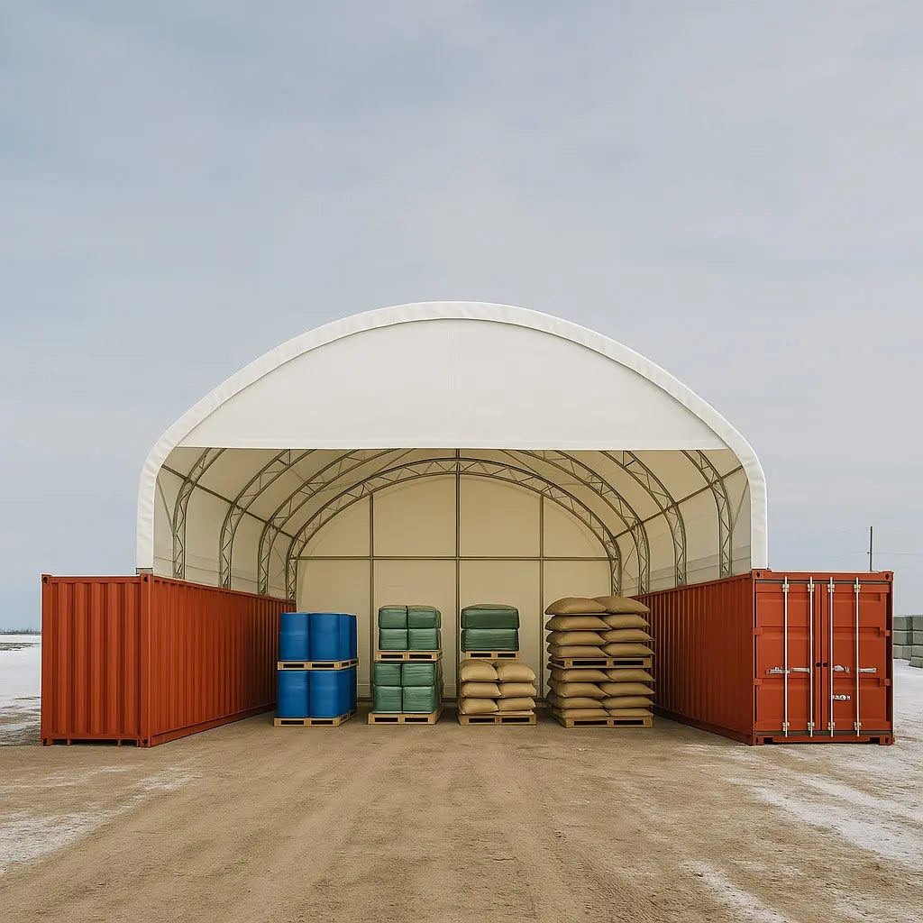 40' x 40' Dual Truss Container Shelter with Heavy Duty 21 oz PVC Cover, Enclosed End Wall & Front Drop, TMG-DT4041CF (Previously DT4040CF) TMG Industrial