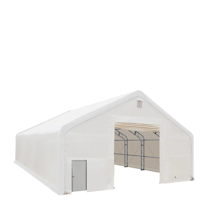 Snow Series 40' x 40' Dual Truss Storage Shelter angled front view showing open interior trusses