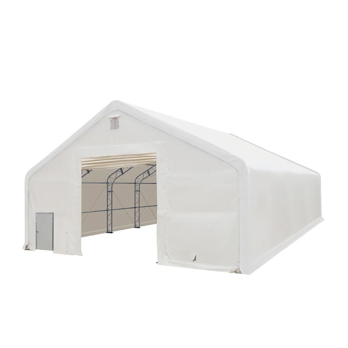 Snow Series 40' x 40' Dual Truss Storage Shelter showing front opening and interior trusses