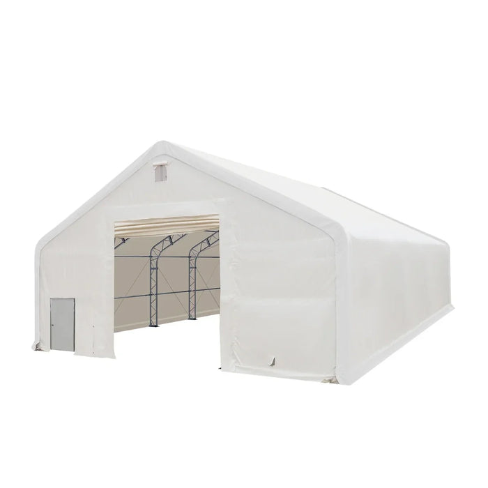 Snow Series 40' x 40' Dual Truss Storage Shelter showing front opening and interior trusses