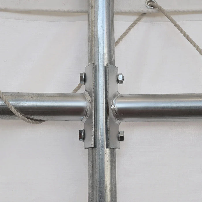 Snow Series 40' x 40' Dual Truss Storage Shelter interior joint bracket and rope tie detail