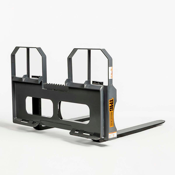 42" pallet fork for skid steer with heavy-duty Class II forks, 4,200 lbs capacity, and wide guard, TMG-SPF42
