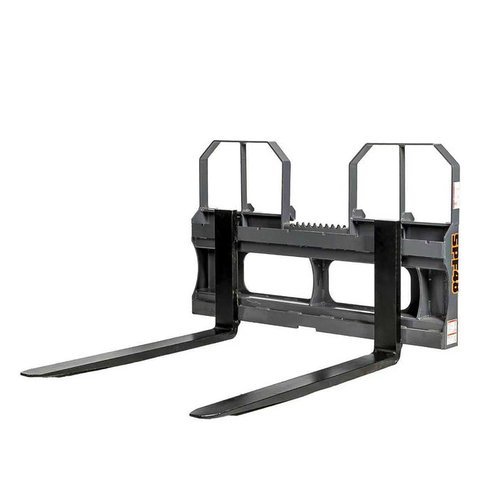 48" pallet fork for skid steer with heavy-duty Class II forks, 4,200 lbs capacity, and wide guard, TMG-SPF48