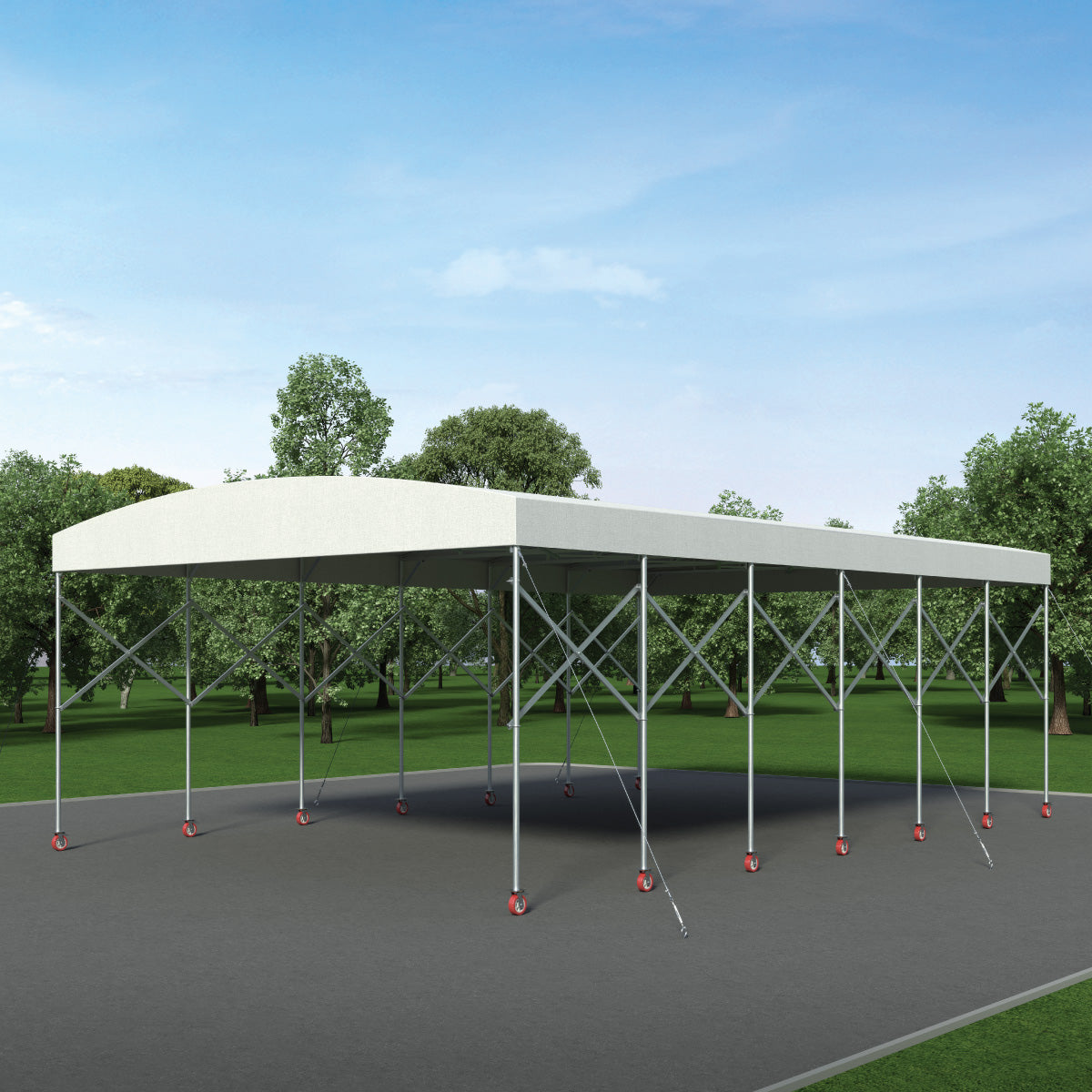 Retractable mobile shelter with white roof on a steel frame with casters and open sides, computer rendering in a park setting