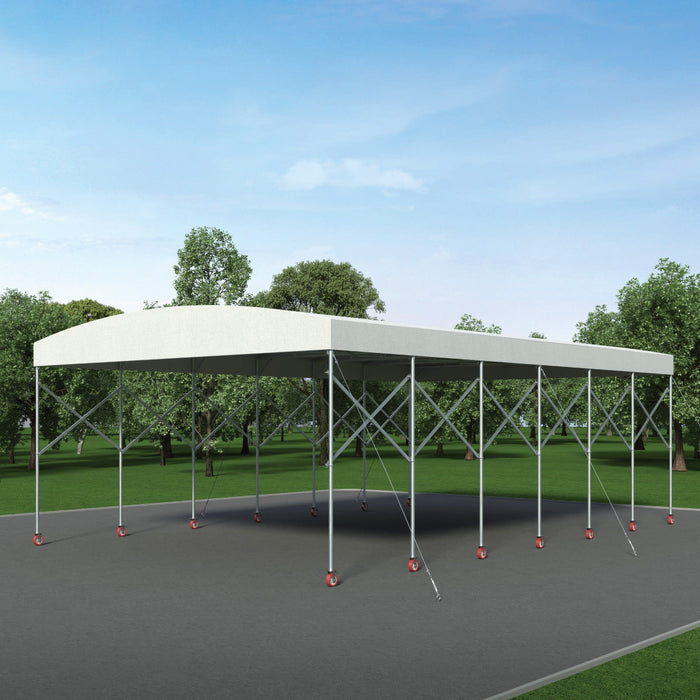 Retractable mobile shelter with white roof on a steel frame with casters and open sides, computer rendering in a park setting