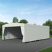 Retractable mobile shelter with white cover and side curtains drawn along one side, rendering on a paved lot