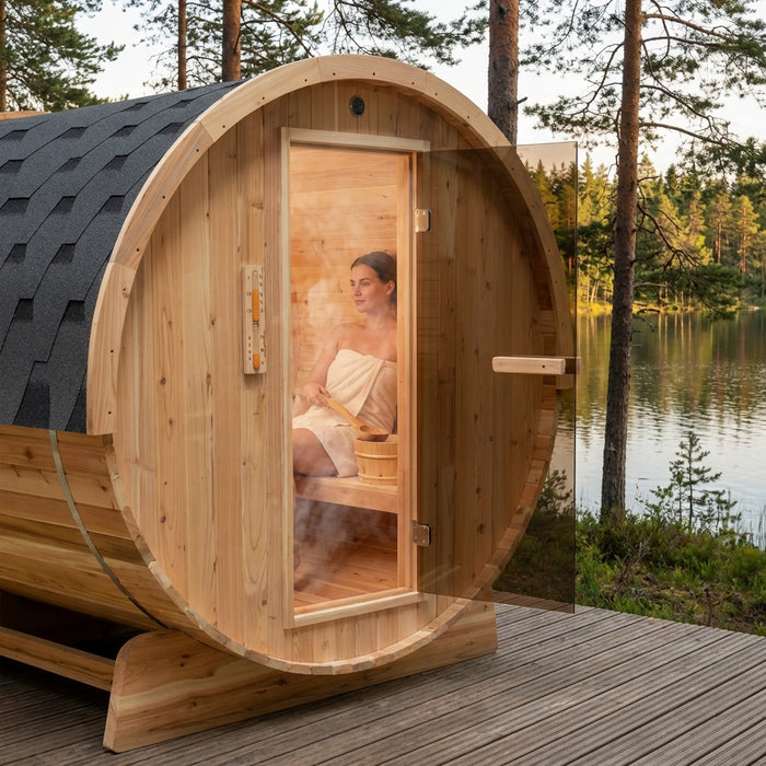 TMG LIVING Outdoor Rustic Cedar Barrel Sauna, Three Person, Tempered Glass Door, TMG-LSN42