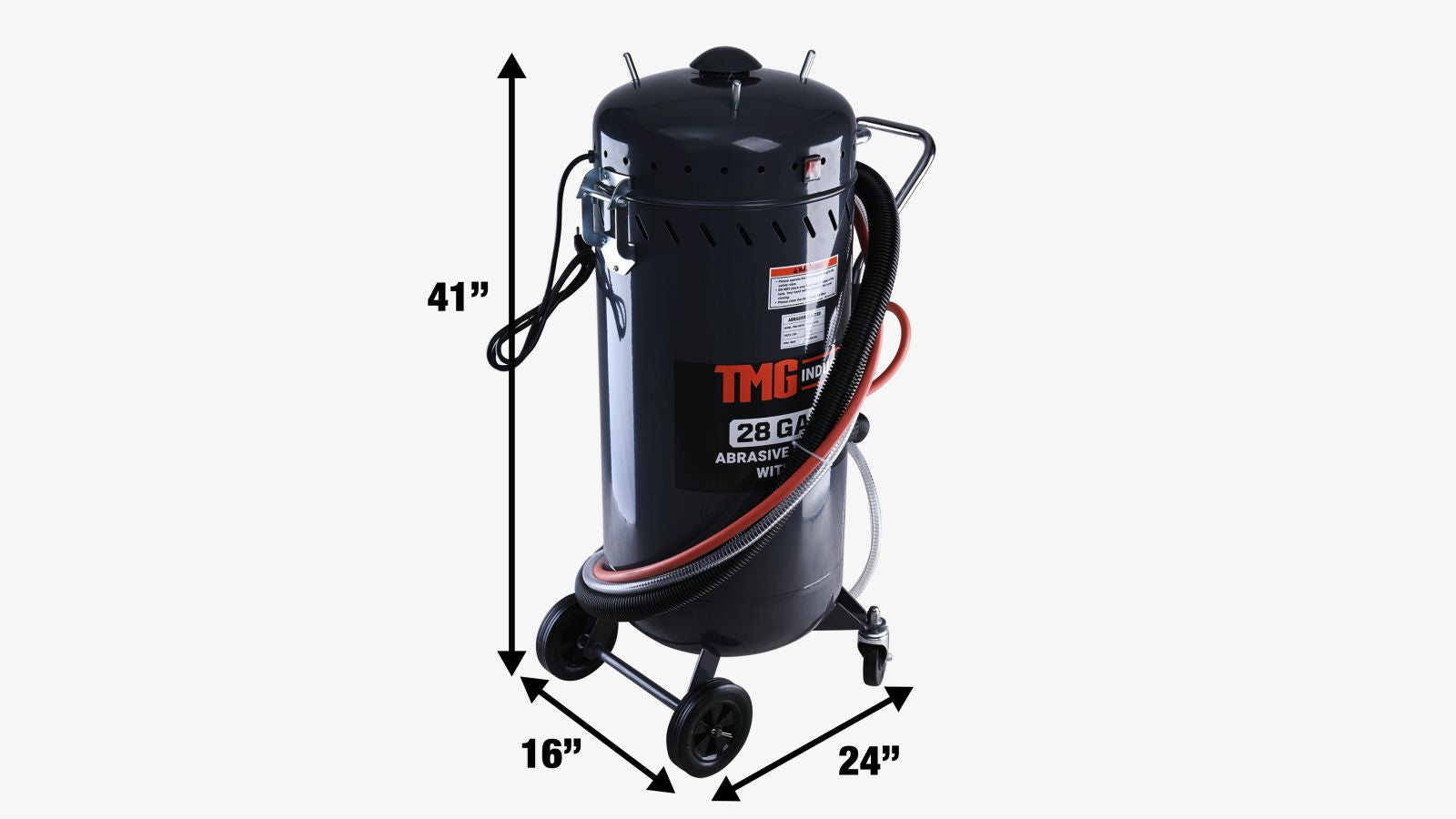 TMG Industrial 28 Gallon Abrasive Sandblaster w/Vacuum, 115 PSI, 22 CFM, 8’ Hose, 6” Rubber Wheels, TMG-ABC28-specifications-image