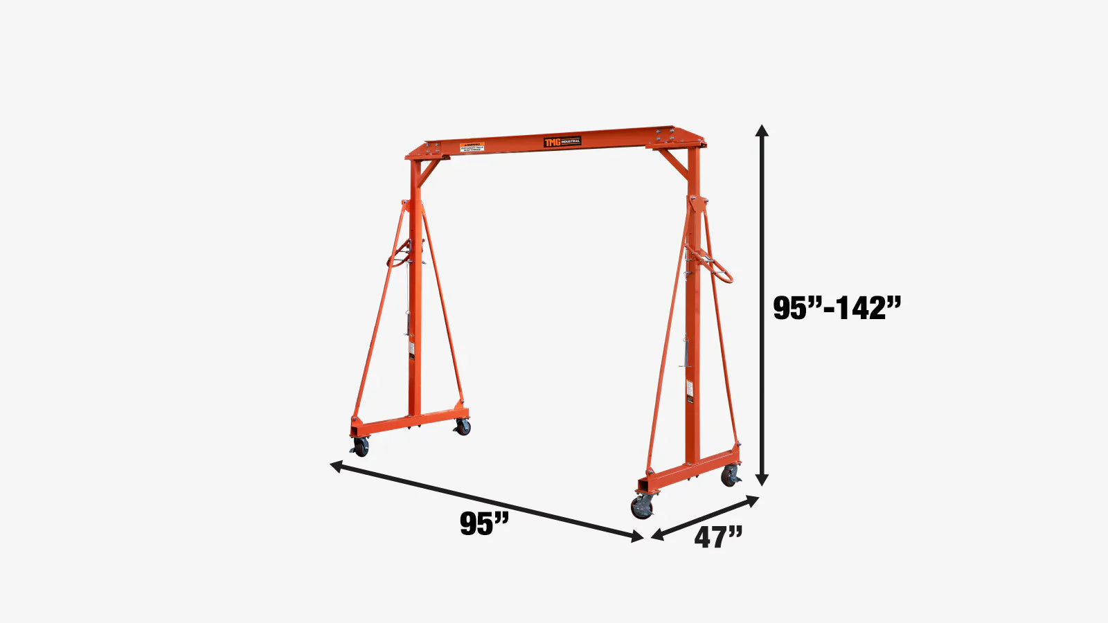 TMG Industrial 2200-lb Adjustable Height All-Steel Gantry Crane, Auto-Lock, 95” Min. Height, 142” Max. Height, Locking Swivel Casters, TMG-AGC11(Previously TMG-AGC10)-specifications-image