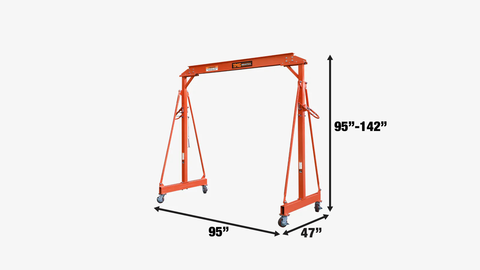 TMG Industrial 4400-lb Adjustable Height All-Steel Gantry Crane, Auto-Lock, 95” Min. Height, 142” Max. Height, Locking Swivel Caster Wheels, TMG-AGC21(Previously TMG-AGC20)-specifications-image