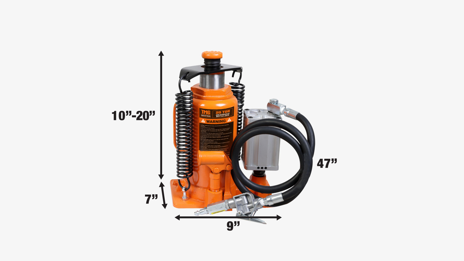 TMG Industrial 20 Ton Air Hydraulic Bottle Jack, Manual & Pneumatic Control, Double Springs, 20” Lift Height, TMG-AJA20-specifications-image