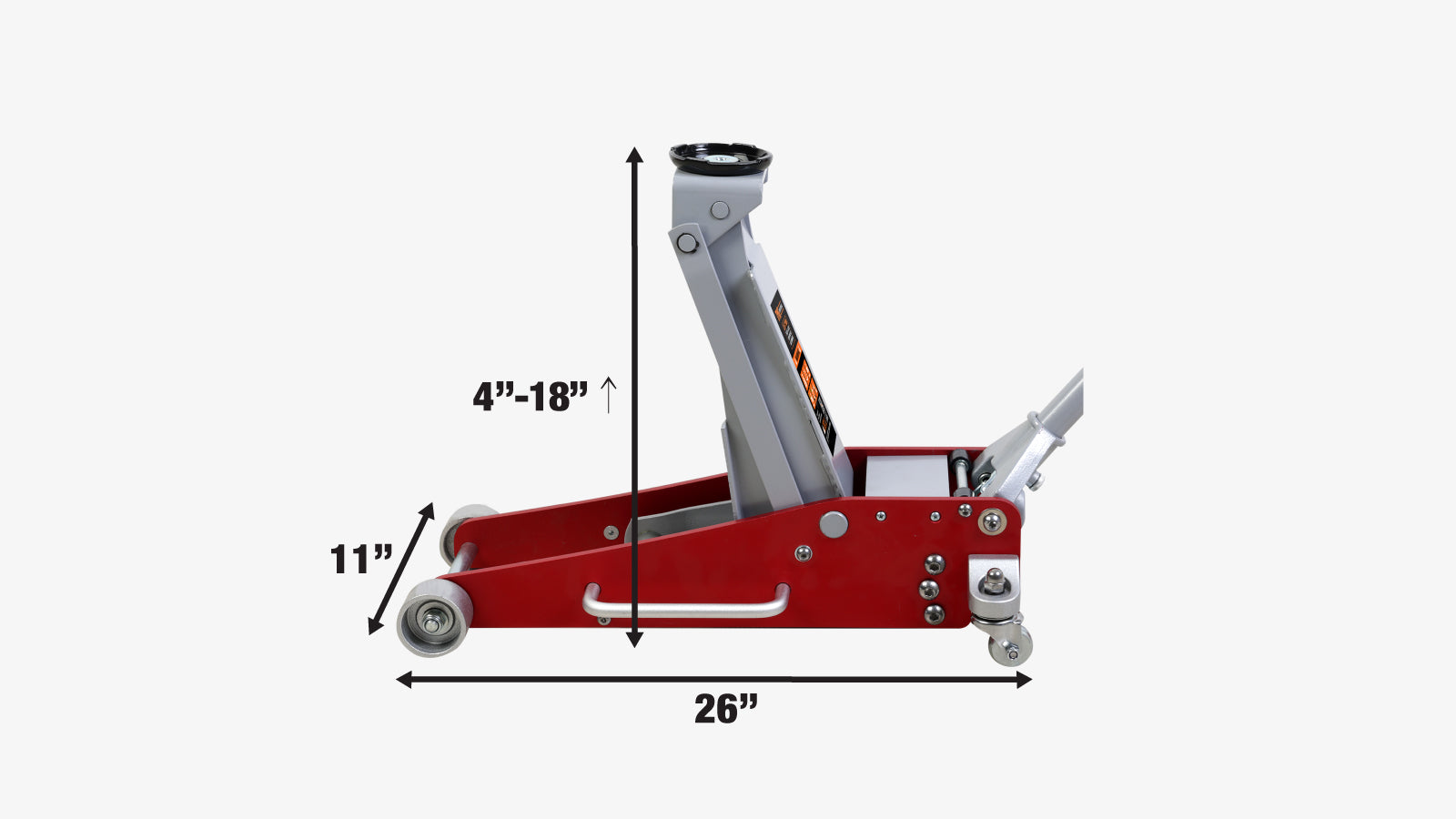 TMG Industrial 2.5 Ton Low Profile Aluminum Floor Jack, 17” Max. Height, 4” Clearance, 360° Caster Pivot, TMG-AJF02A-specifications-image