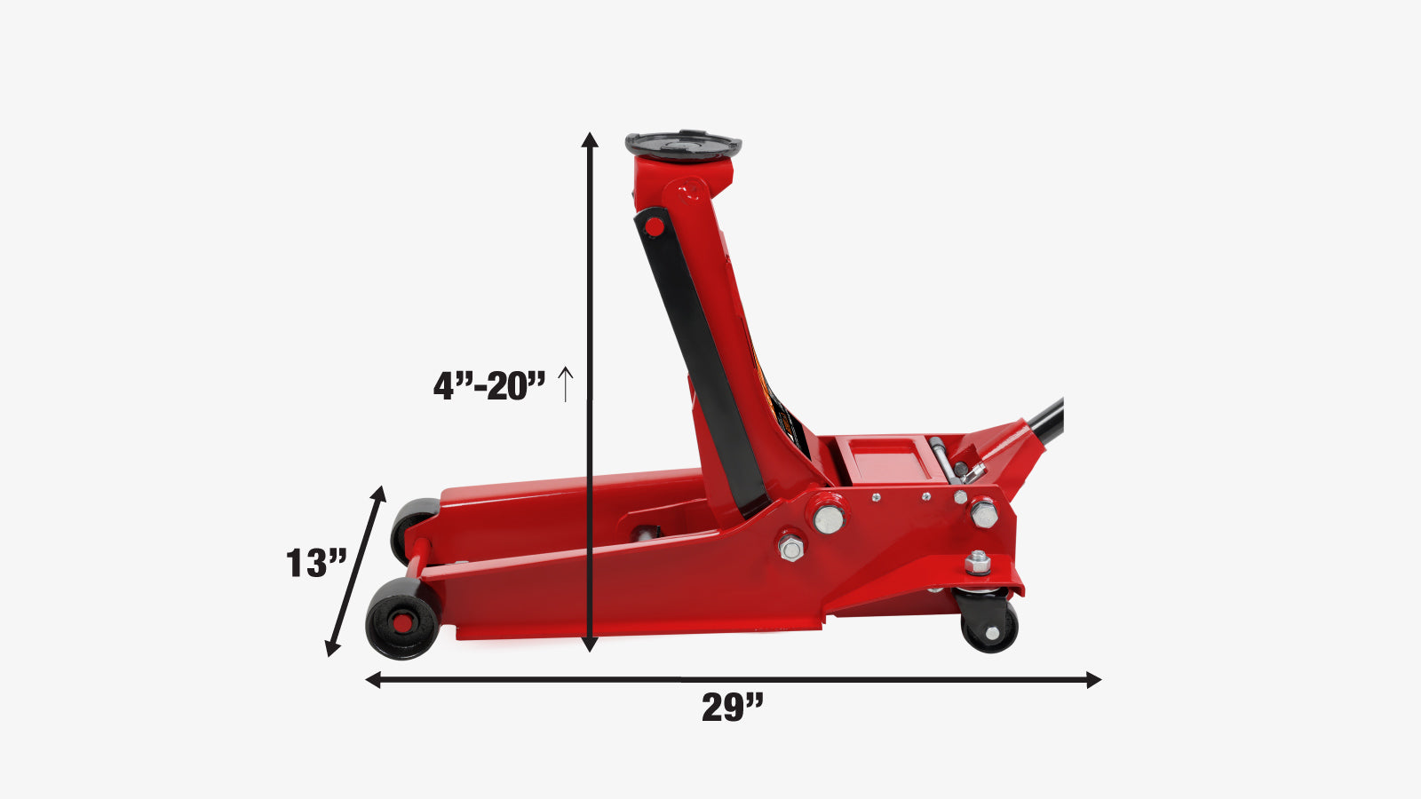 TMG Industrial 4 Ton Low Profile Floor Jack, 20” Max. Height, 4” Ground Clearance, 360° Caster Pivot, TMG-AJF04L-specifications-image