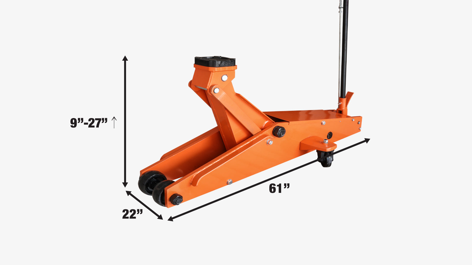 TMG Industrial 15 Ton Long Reach Chassis Service Jack, Twin Pistons, 9” Ground Clearance, 360° Pivot, TMG-AJL15-specifications-image