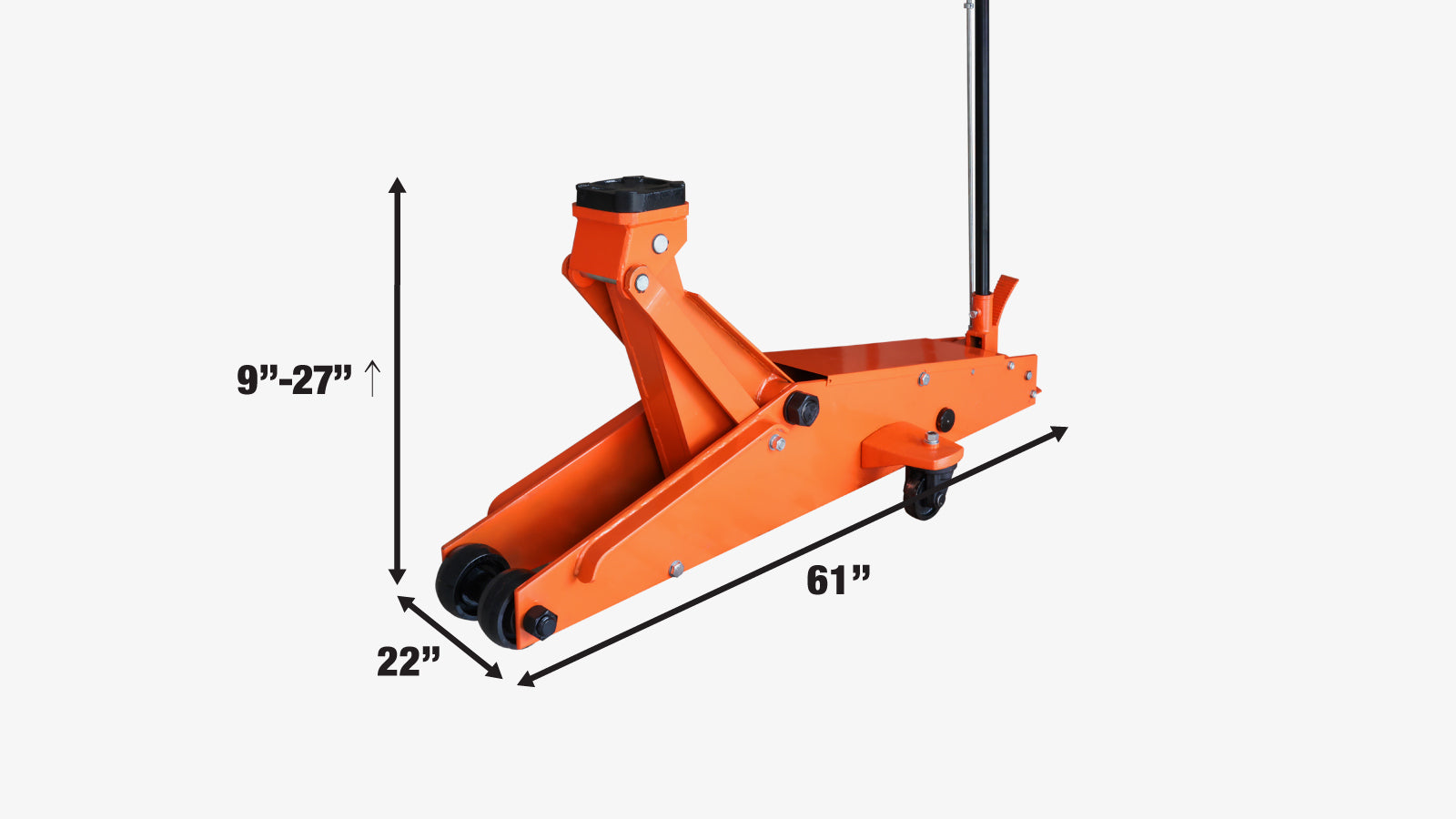 TMG Industrial 20 Ton Long Reach Chassis Service Jack, Twin Pistons, 9” Ground Clearance, 360° Pivot, TMG-AJL20-specifications-image