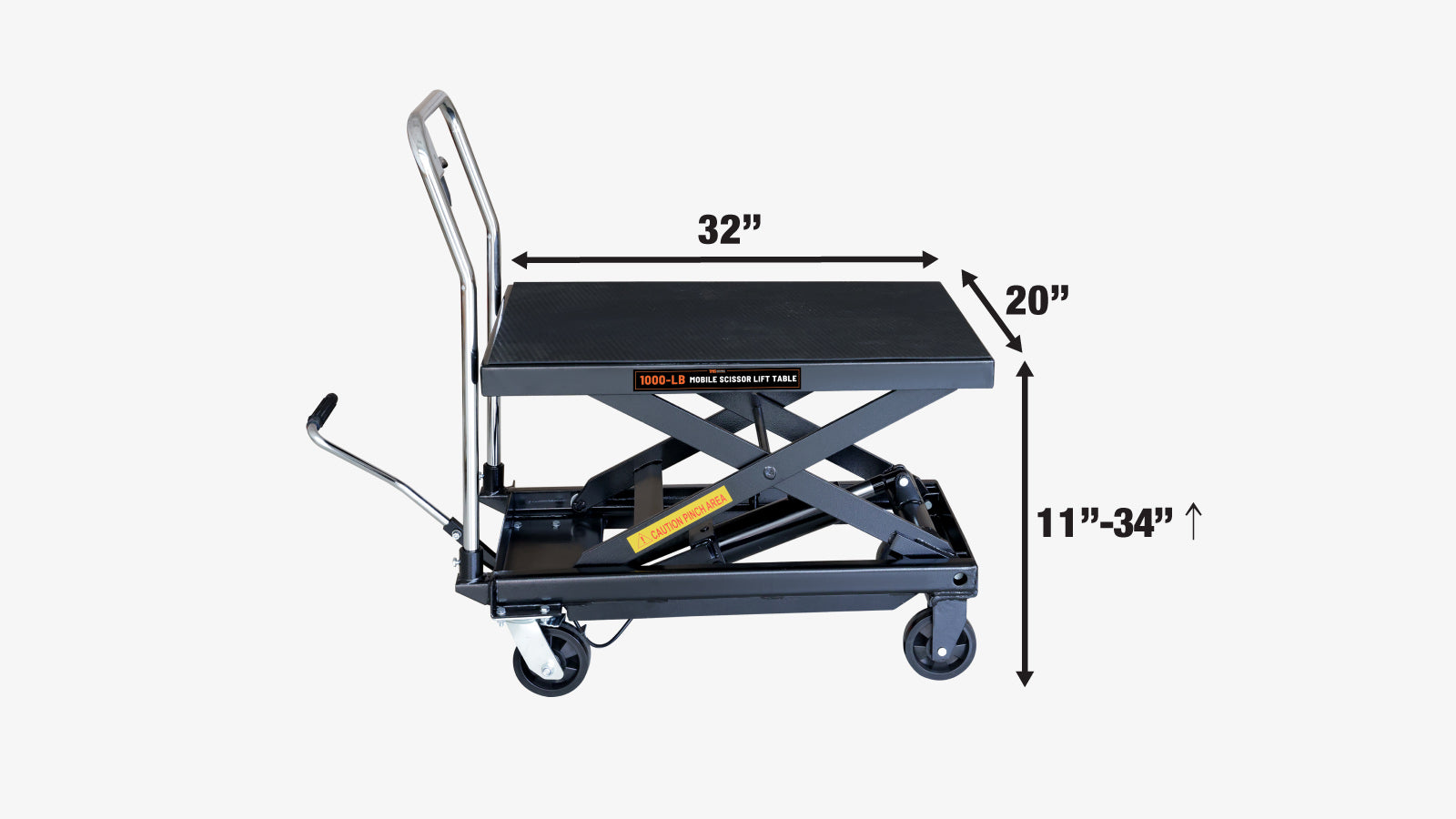 TMG Industrial 1100-lb Mobile Scissor Lift Table, 34” Lifting Height, Foot Pedal Operation, Rubber Padded Tabletop, TMG-ALS05-specifications-image
