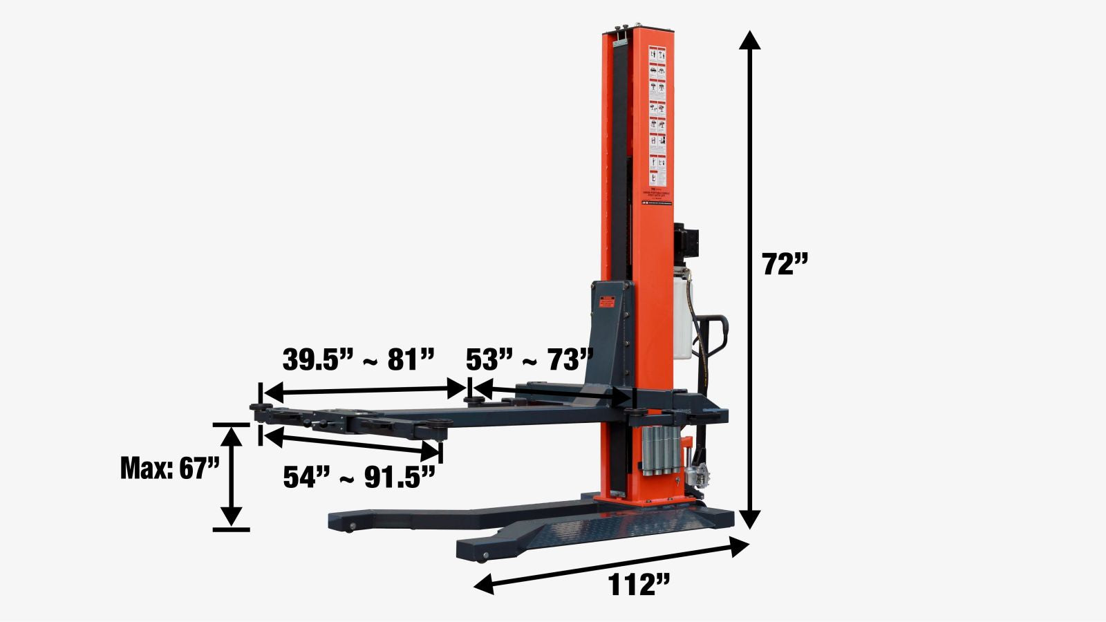 TMG-ALSP60 6000 LB Portable Single Post Auto Lift, 72'' Lifting Height, Low Profile Jack, CETL certified Pump-specifications-image