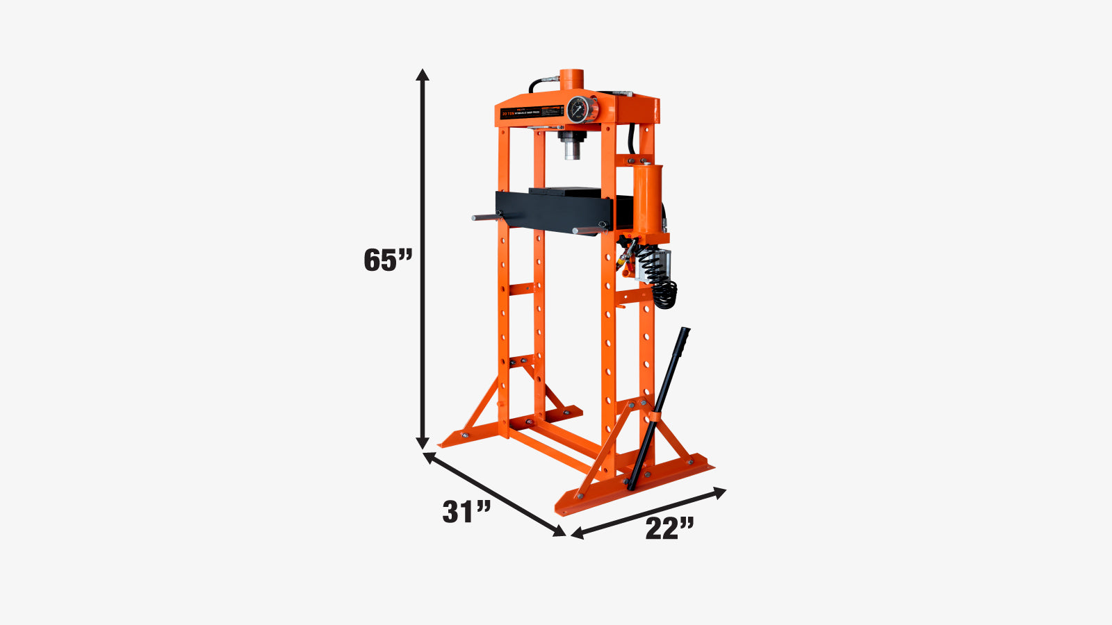 TMG Industrial 20 Ton Capacity Hydraulic Shop Press, Pneumatic & Manual Operation, 10 Bed Height Positions, TMG-ASP22-specifications-image