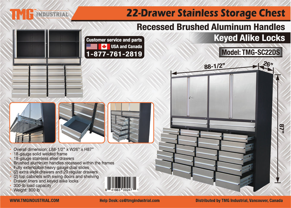 TMG Heavy Series™ 7-Ft 22 Drawer Stainless Steel Storage Chest, Top Cabinets, All-in-One Welded Frame, Keyed Alike Locks, TMG-SC22DS