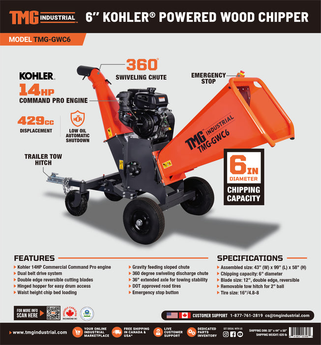 6" Wood Chipper Powered by Kohler 14 HP Command Pro Engine, ATV Tow-Behind, 12'' Reversible Blade, Dual Belt Drive, TMG-GWC6