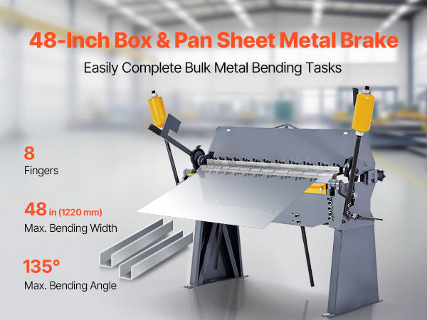 VEVOR Box and Pan Brake, 48 in Sheet Metal Bending Brake, 12-Gauge Mild Steel Capacity, 0-135 Degree Adjustable, Metal Bender Machine with 8 Fingers, Heavy-Duty Aluminum Folder for Precise Bending-description-image