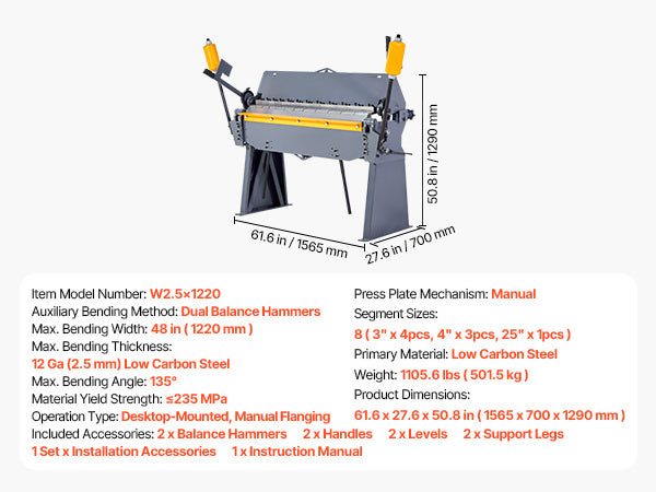 VEVOR Box and Pan Brake, 48 in Sheet Metal Bending Brake, 12-Gauge Mild Steel Capacity, 0-135 Degree Adjustable, Metal Bender Machine with 8 Fingers, Heavy-Duty Aluminum Folder for Precise Bending-specifications-image