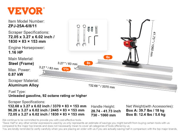 VEVOR Gas Concrete Power Screed, 6ft/8ft/11ft Aluminum Board Straight Edge Bar Set, 4 Stroke Cement Finishing Vibrating Motor w/ Height Adjustable Handles, High Efficient Concrete Tool 6500RPM-specifications-image
