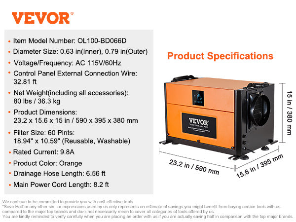 190 Pints Commercial Dehumidifier with Drain Hose, CSA Listed, VEVOR, DOBA-DH190-specifications-image